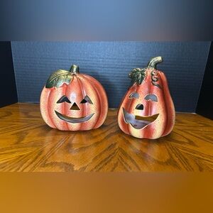 2 Ceramic Pumpkin Jack O’Lantern Luminaries Halloween Decor Candle Holders